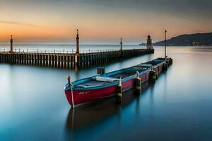 a boat sits at the dock at sunset. AI-Generated photo