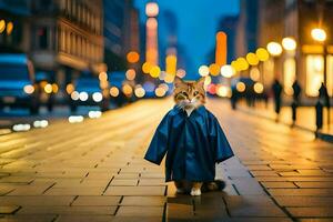 a cat wearing a raincoat on a city street. AI-Generated photo