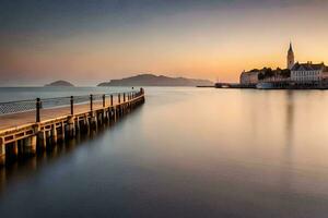 a long exposure photograph of a pier in the water. AI-Generated photo