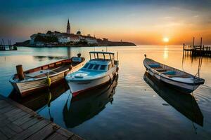 boats docked at the shore of a lake at sunset. AI-Generated photo