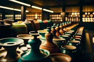 a row of vases in a room with a light. AI-Generated photo