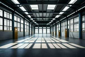 an empty warehouse with windows and a large open space. AI-Generated photo