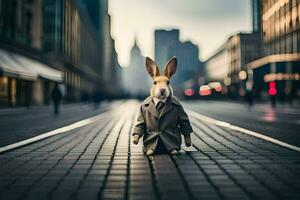 un Conejo vestido en un traje y Corbata es en pie en un calle. generado por ai foto