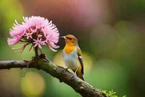 a bird is sitting on a branch with a pink flower. AI-Generated photo