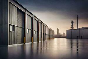 a row of industrial buildings with a sunset in the background. AI-Generated photo