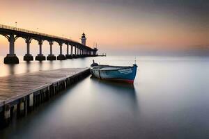 a boat sits on the dock at sunset. AI-Generated photo