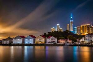 the city skyline at night with the water and buildings. AI-Generated photo