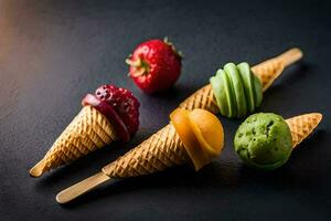 ice cream cones with different flavors on a black background. AI-Generated photo