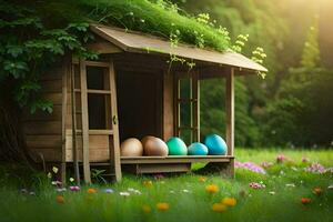 easter eggs in the garden. AI-Generated photo