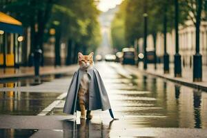 a cat wearing a cape walks down a street in the rain. AI-Generated photo