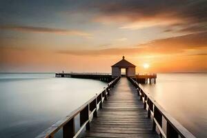 a pier with a long wooden bridge leading to the ocean. AI-Generated photo