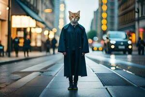 a cat wearing a mask on the street. AI-Generated photo