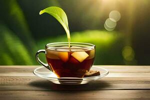 a cup of tea with a leaf. AI-Generated photo