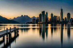 el ciudad horizonte es reflejado en el agua a puesta de sol. generado por ai foto