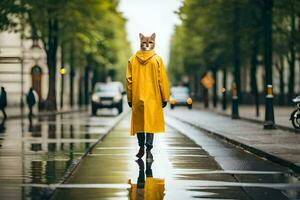 a person wearing a fox head on a rainy day. AI-Generated photo