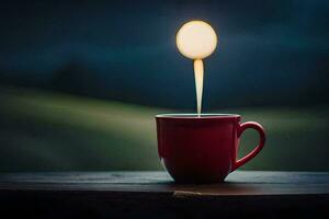 un rojo taza con un vela iluminado en cima. generado por ai foto