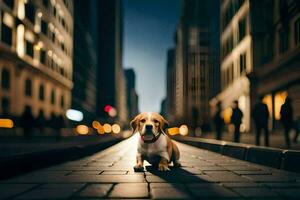 a dog sitting on the street in a city at night. AI-Generated photo