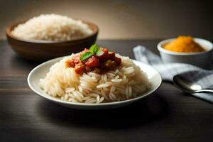 a bowl of rice with tomato sauce and a spoon. AI-Generated photo