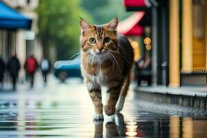 a cat walking on a wet street in the city. AI-Generated photo