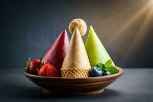 ice cream cones in a bowl with berries and strawberries. AI-Generated photo