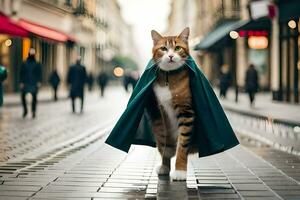 un gato vistiendo un capa camina abajo un calle. generado por ai foto