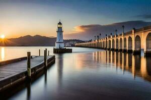 the sun is setting over a pier and a lighthouse. AI-Generated photo