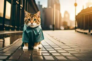 a cat wearing a shirt on a city street. AI-Generated photo