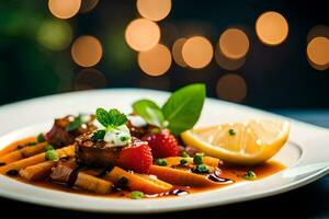 a plate of food with meat, vegetables and a lemon. AI-Generated photo