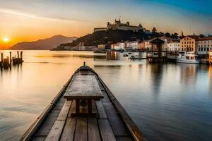 a wooden dock in front of a castle at sunset. AI-Generated photo