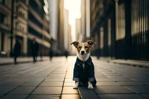 a dog wearing a jacket standing on a street. AI-Generated photo