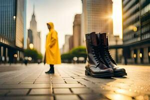 un par de botas en un ciudad calle. generado por ai foto