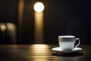 un taza de café en un mesa en frente de un ligero. generado por ai foto