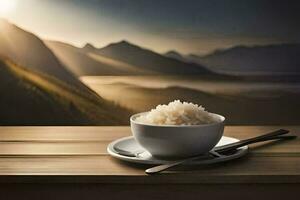 un cuenco de arroz y palillos en un de madera mesa en frente de un montaña vista. generado por ai foto