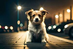 a dog sitting on the sidewalk at night. AI-Generated photo