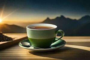 a cup of tea on a wooden table with mountains in the background. AI-Generated photo