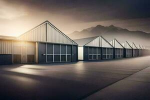 a row of industrial buildings with mountains in the background. AI-Generated photo