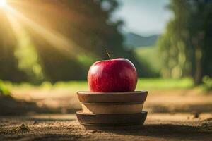 an apple sits on top of a stack of wooden bowls. AI-Generated photo