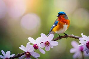 a colorful bird sits on a branch with pink flowers. AI-Generated photo