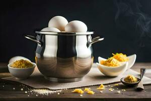 eggs in a pot on a table. AI-Generated photo