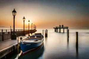 a boat sits at the end of a pier at sunset. AI-Generated photo