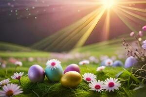 easter eggs in the grass with daisies and sun. AI-Generated photo