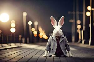 a rabbit in a suit and tie sits on the street. AI-Generated photo
