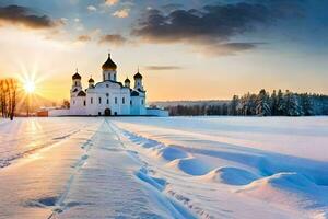 un Iglesia en el nieve con el Dom ajuste detrás él. generado por ai foto