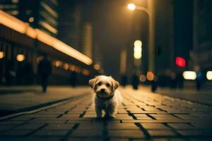 un pequeño perro es caminando en un calle a noche. generado por ai foto