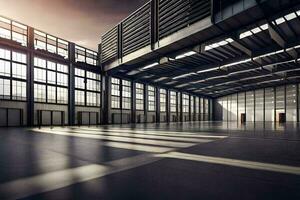 an empty warehouse with large windows and a sun shining. AI-Generated photo