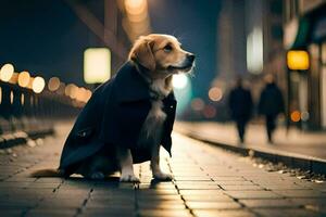 a dog in a coat sitting on the street at night. AI-Generated photo