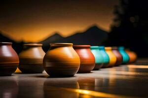 colorful vases lined up on a table. AI-Generated photo