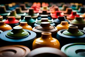 many colorful pots and vases are arranged together. AI-Generated photo