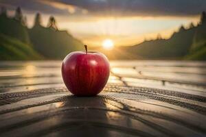 an apple sits on a tire in front of a lake. AI-Generated photo
