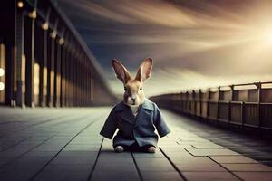 a rabbit in a suit is sitting on a walkway. AI-Generated photo